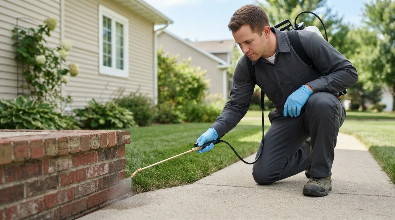 Pest control technician treating a home near West Baldwin, ME