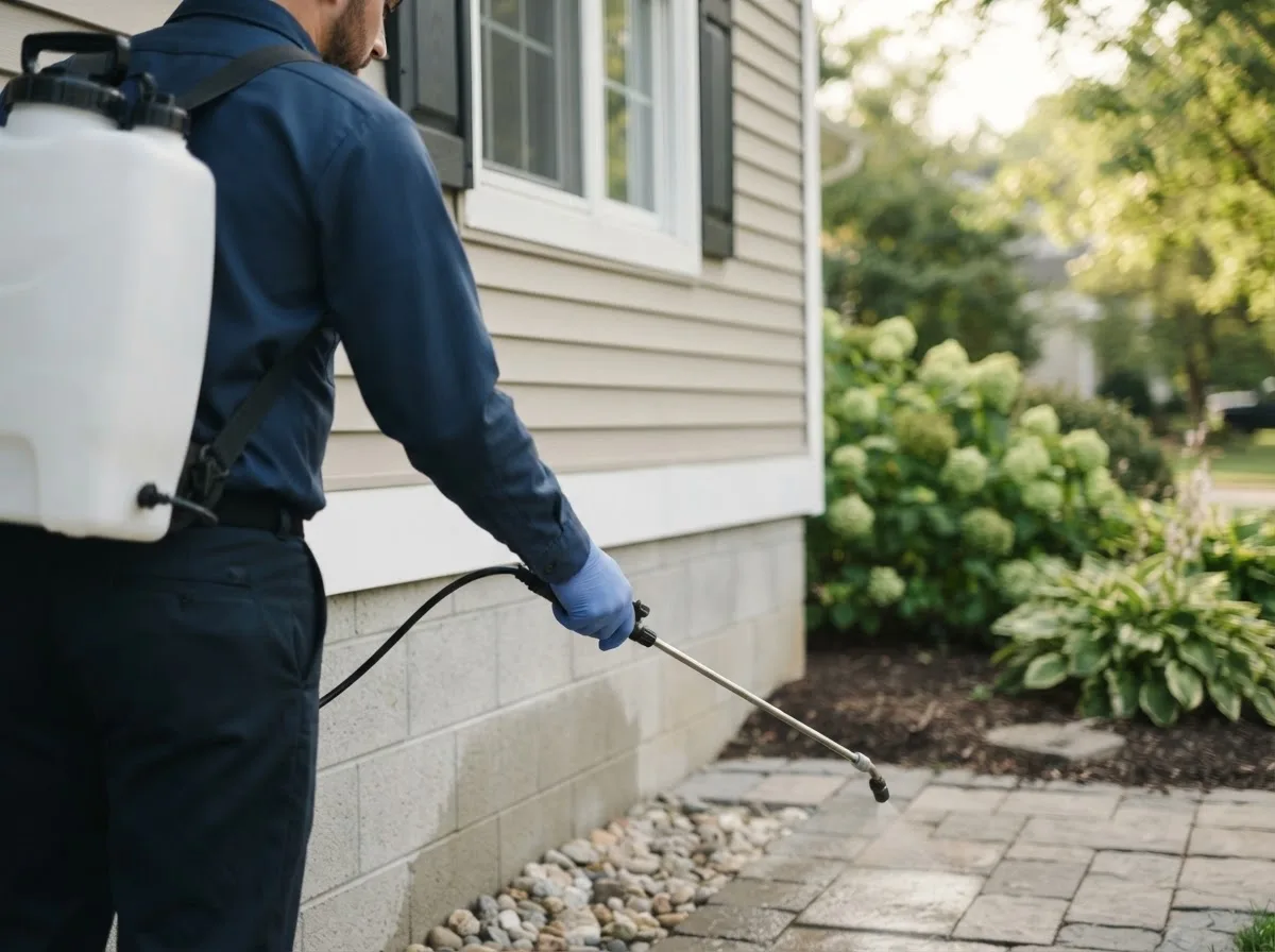 Pest control technician inspecting a home in West Baldwin, ME